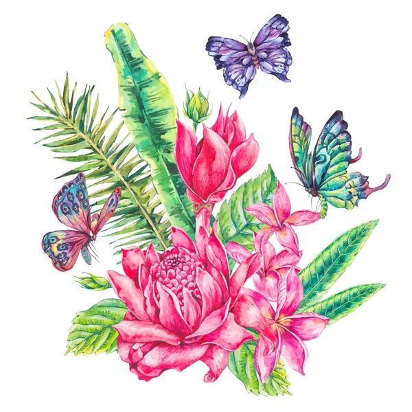 Akvarelu vintage květinovým tropické blahopřání — Stock fotografie