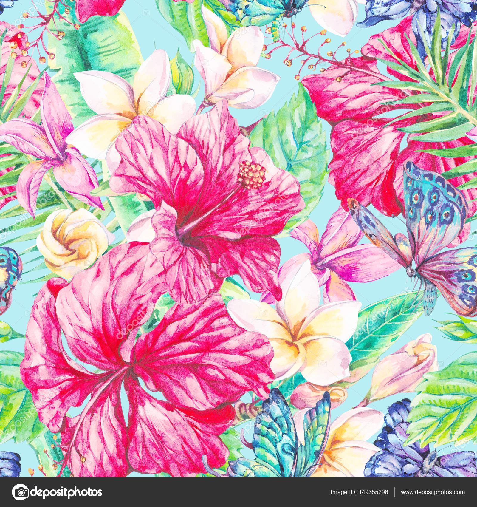 Watercolor tropical flowers seamless pattern Stock Photo 
