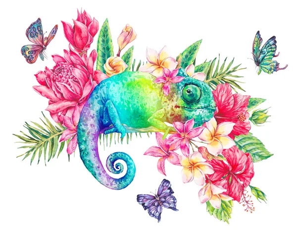 Akvarelu zelený chameleon s motýli, květiny — Stock fotografie