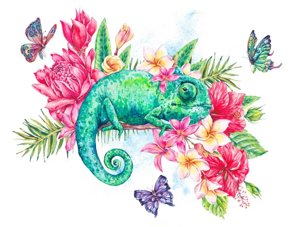 Aquarel groene kameleon met vlinders, bloemen — Stockfoto