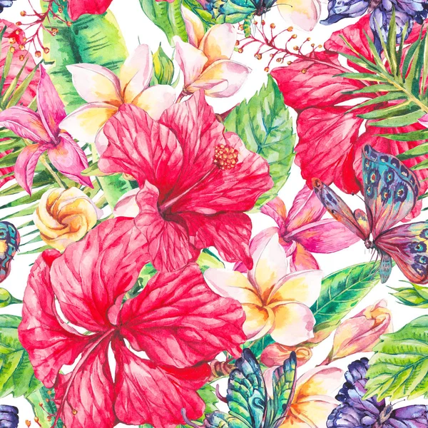 Watercolor tropical flowers seamless pattern — Stock Photo, Image