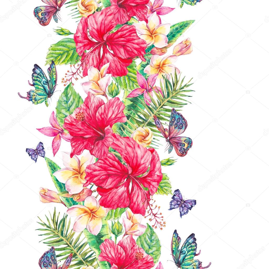 Watercolor tropical flowers seamless border