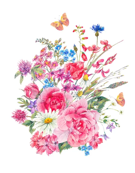 Aquarel boeketten van wilde bloemen en rozen — Stockfoto