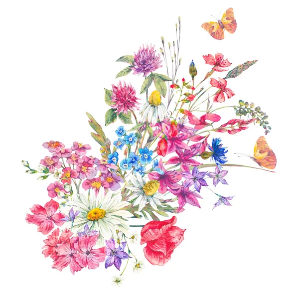 Mazzi di acquerelli di fiori di campo e farfalle — Foto Stock