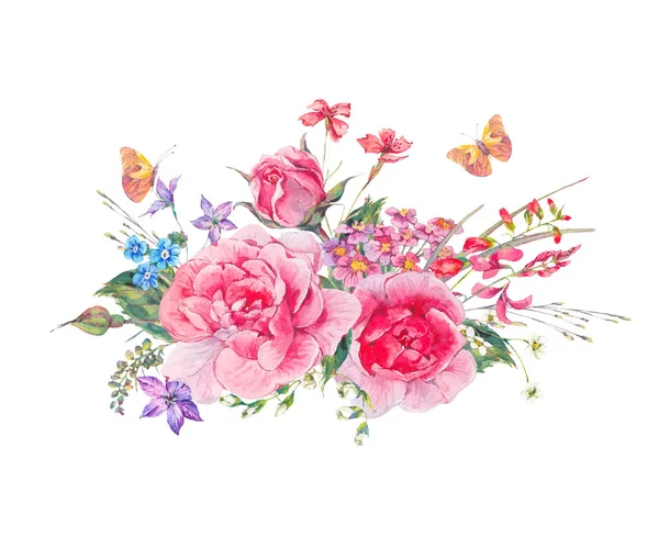 Watercolor cartão de saudação natural com flores silvestres e rosas — Fotografia de Stock