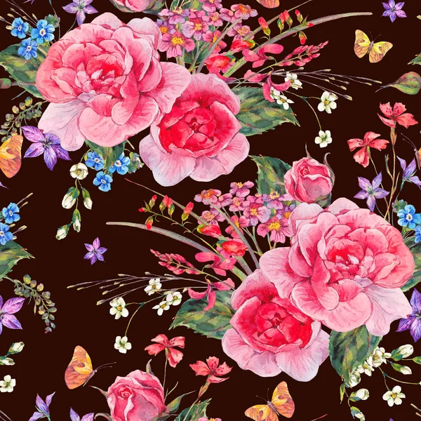 Watercolor seamless pattern with wildflowers and roses — Stock Photo, Image