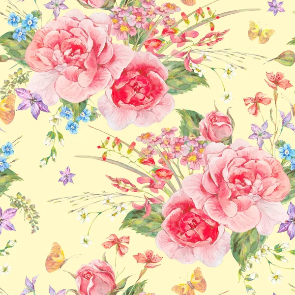 Watercolor seamless pattern with wildflowers and roses — Stock Photo, Image