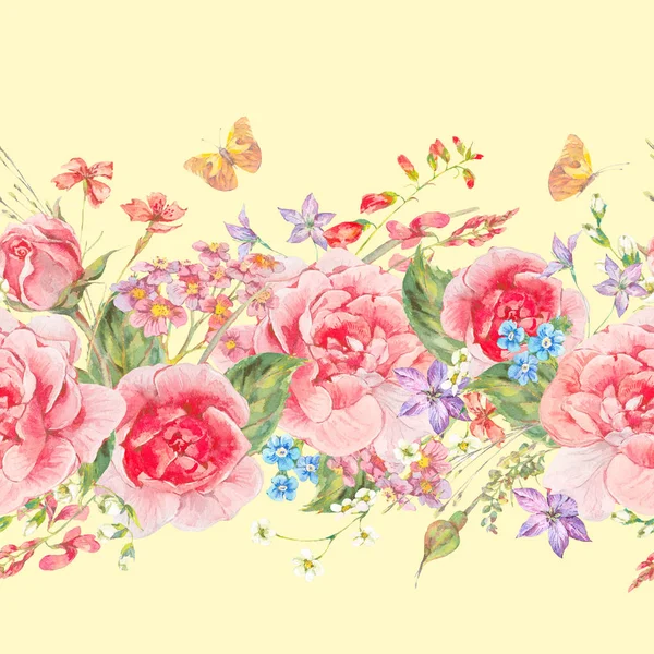 Watercolor seamless border with garden roses — Stock Photo, Image