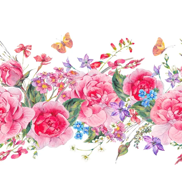 Watercolor seamless border with garden roses — Stock Photo, Image