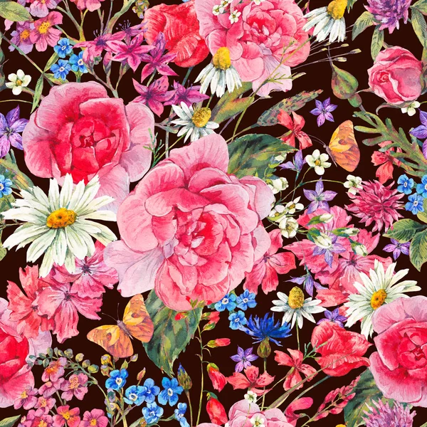 Akvarelu tok dokumentů vzor s růží — Stock fotografie