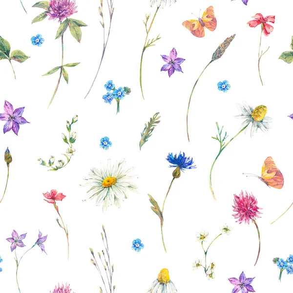 Watercolor seamless pattern with wildflowers — Stock Photo, Image