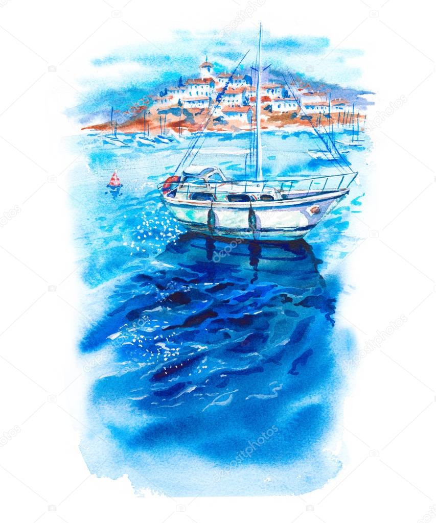 Watercolor landscape with sea, boats, yachts