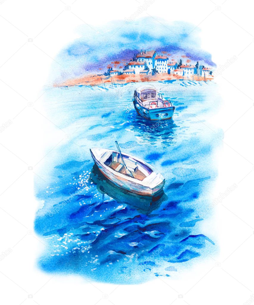 Watercolor landscape with sea, boats, yachts