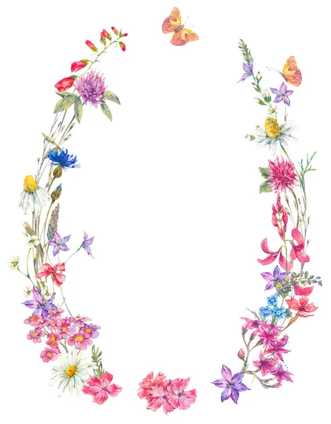 Watercolor summer wreath with wildflowers. — Stock Photo, Image