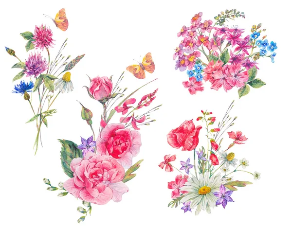 Watercolor set of vintage bouquet of garden flowers — Stock Photo, Image