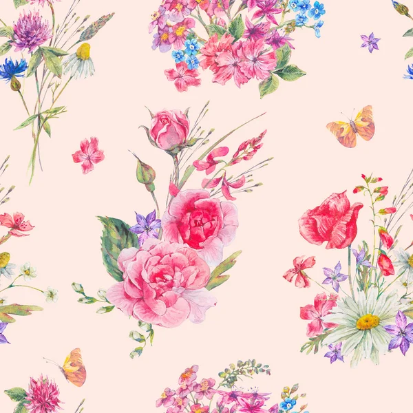 Watercolor seamless pattern with wildflowers and roses — Stock Photo, Image