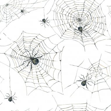 Sulu Boya Dikişsiz desen siyah örümcek ve web