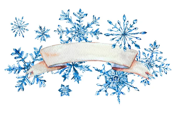 Akvarell üdvözlés kártya-val hópelyhek és szalag — Stock Fotó