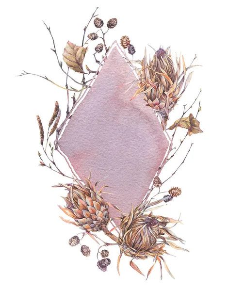 Akvarell botaniska ram, protea blommor och kvistar — Stockfoto