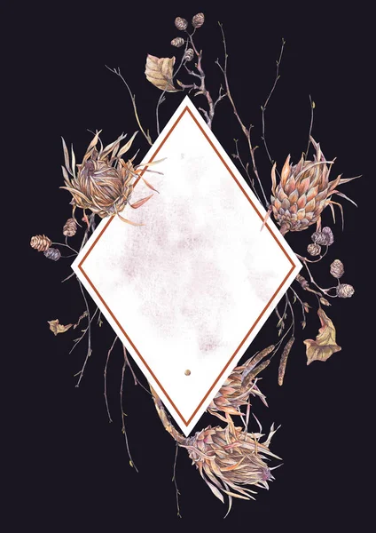 Akvarelu botanické rám, květy protea — Stock fotografie