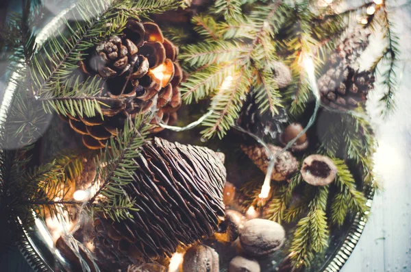 Организация орехов и конуса на тарелке, рождественские украшения — стоковое фото