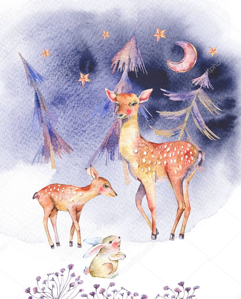 Winter watercolor vintage card with cute deer, fawn, hare and magical forest, Christmas decoration, Cartoon holiday illustration