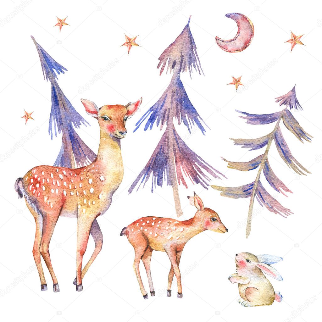 Winter watercolor vintage card with cute deer, fawn, hare and magical forest isolated on white background, Christmas decoration, Cartoon holiday illustration