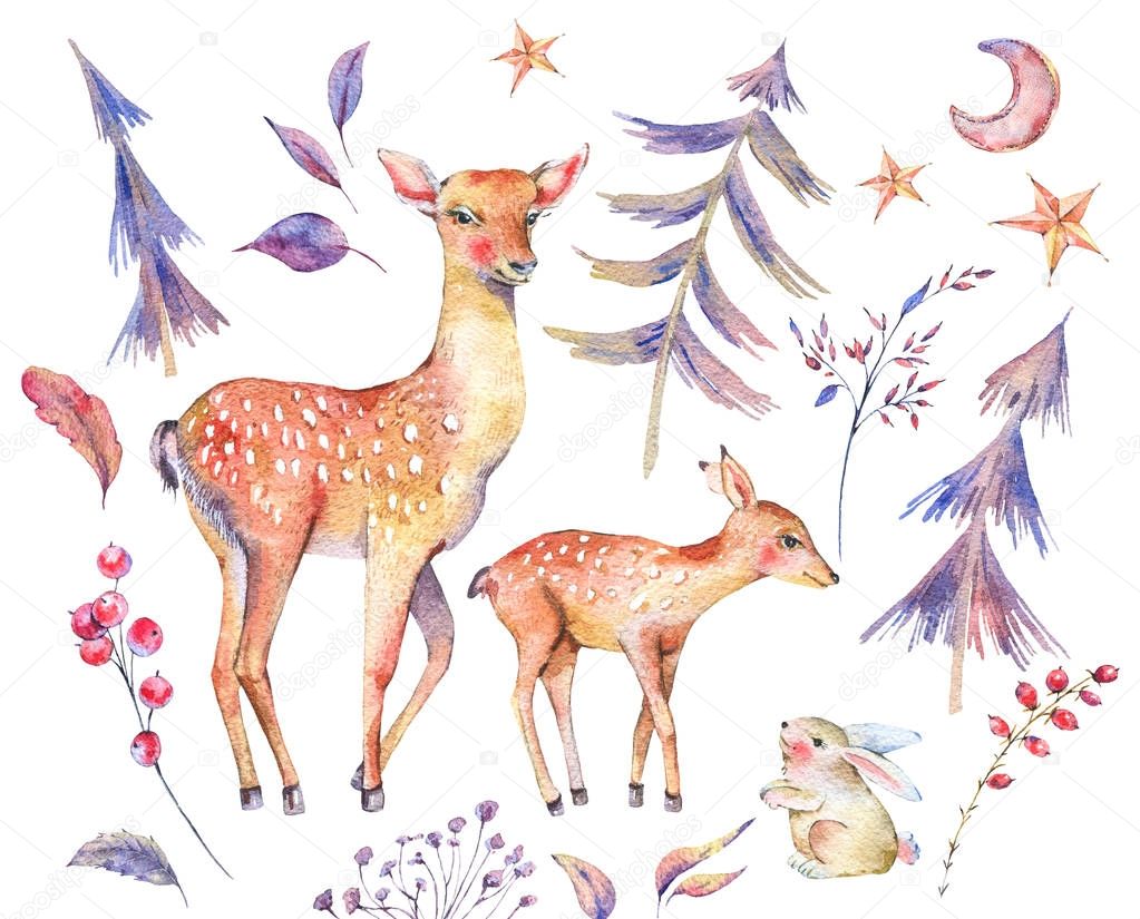 Winter watercolor vintage card with cute deer, fawn, hare and magical forest isolated on white background, Christmas decoration, Cartoon holiday illustration