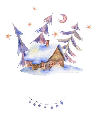 Kar kış suluboya klasik kart ev ile kaplı