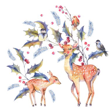 Holly Karpuzu ve geyik suluboya Noel tebrik kartı