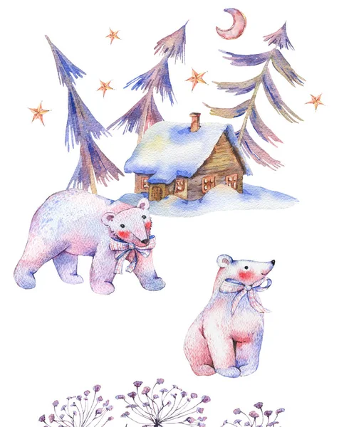 Winter watercolor vintage card with polar bears, magical forest — Stock Photo, Image