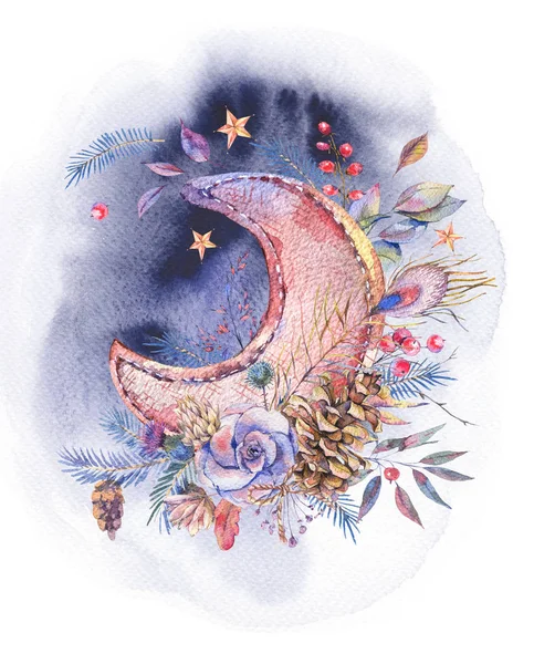 Watercolor greeting card with moon and roses — Stock Photo, Image