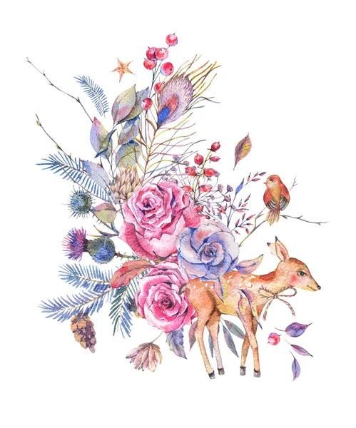 Tarjeta de felicitación floral acuarela con ciervo lindo — Foto de Stock