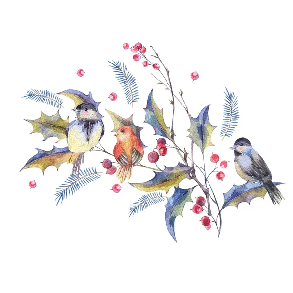 Watercolor Christmas greeting card with holly berries, birds — Stock Photo, Image