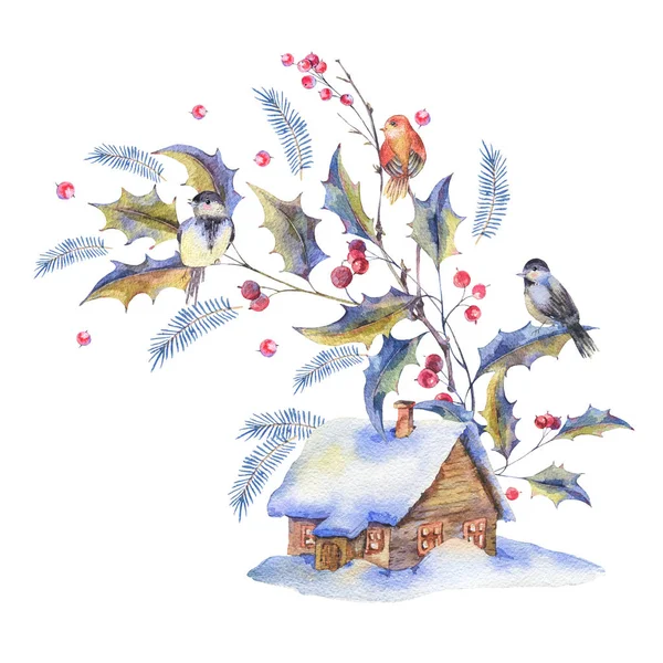 Carte de vœux de Noël aquarelle avec baies de houx et maison — Photo