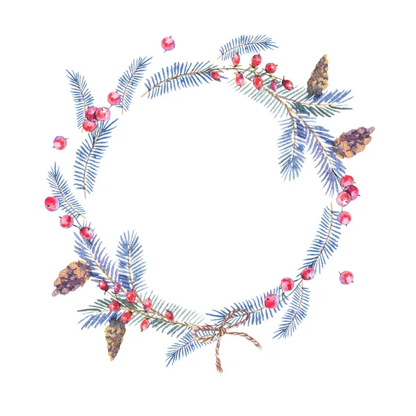 コーン、小ぎれいなな枝と水彩の花輪 — ストック写真