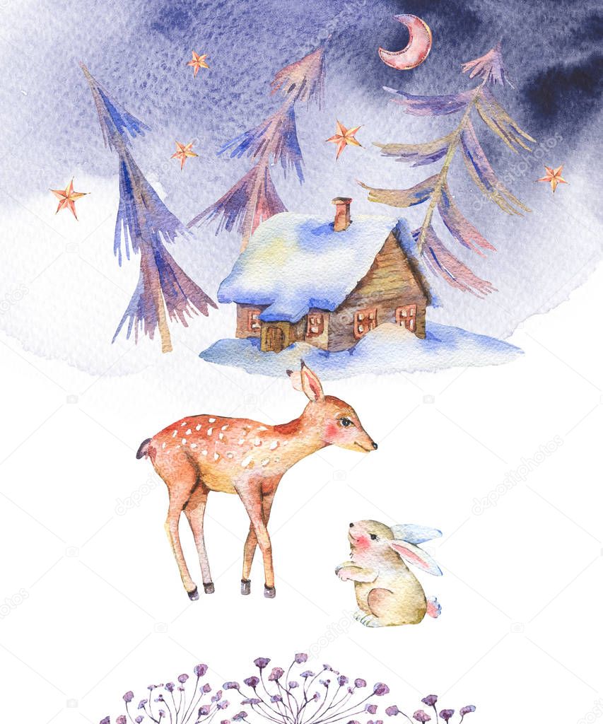 Winter watercolor vintage card with cute deer, fawn, hare, magical forest and cottage covered snow on white background, Christmas decoration, Cartoon holiday illustration