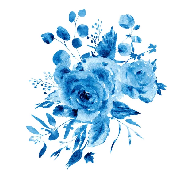 파란 수채화 꽃들 이라 프리마 스타일로 카드를 반납 합니다. 물 — 스톡 사진