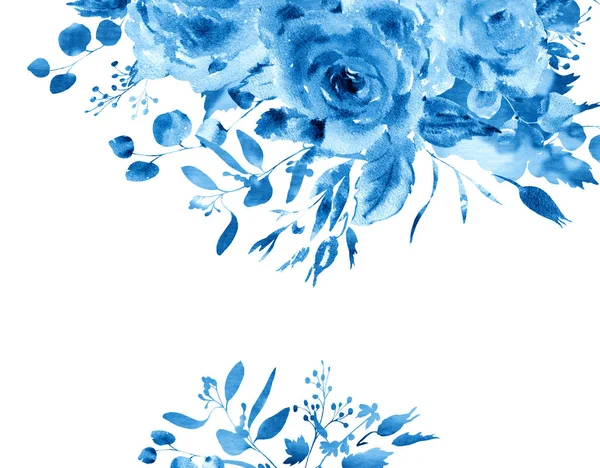 Blue watercolor floral greeting card in a la prima style. Waterc — Stock Photo, Image