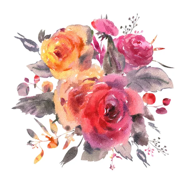 Jemný akvarel květinové přání v la prima stylu. červená, — Stock fotografie