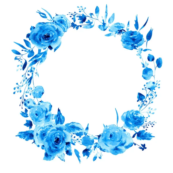 Corona floral de boda de acuarela azul en estilo a la prima. Armada — Foto de Stock