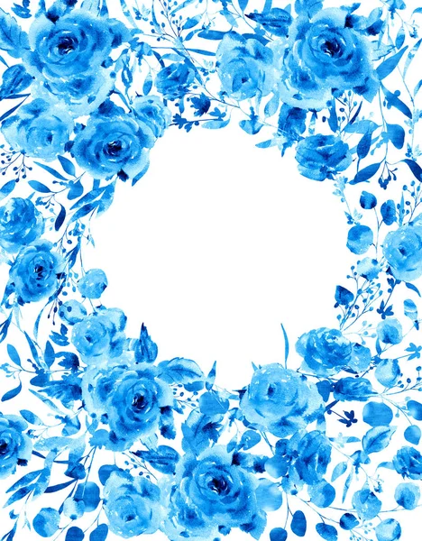 Голубая акварельная свадебная круглая цветочная рамка. Синий акварель — стоковое фото