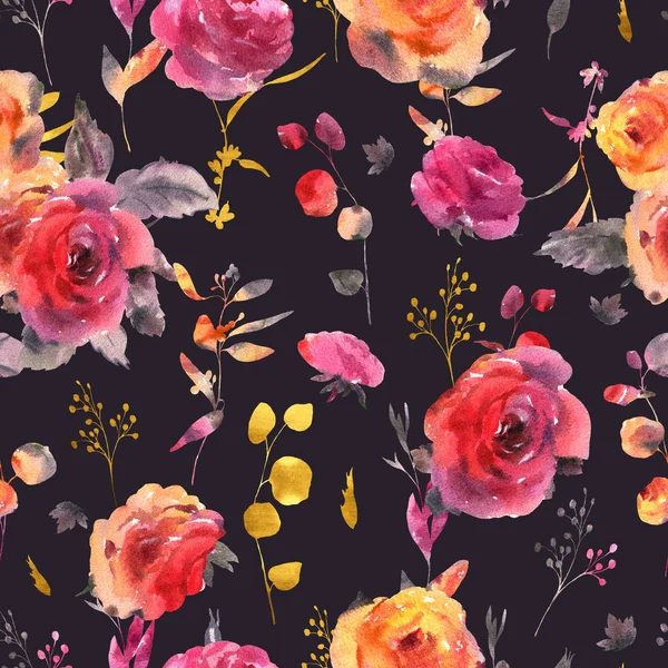 Skonsam akvarell blommig sömlös mönster. Röd, gul, vattenkol — Stockfoto