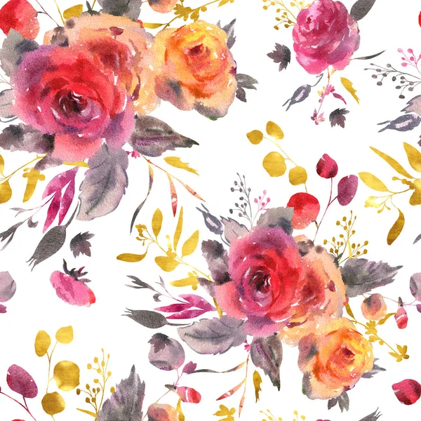 Akwarela kwiatowy bezszwowy wzór. Czerwony, żółty, róża akwarela — Zdjęcie stockowe