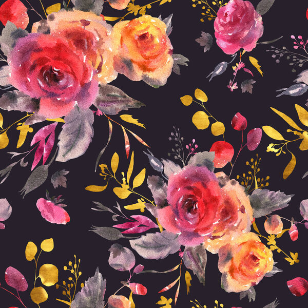Watercolor floral seamless pattern. Red, yellow, watercolor rose