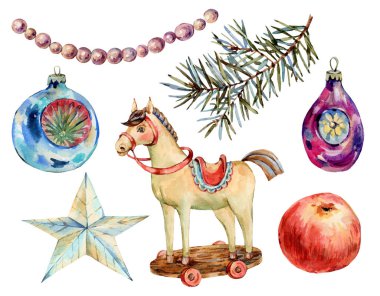 Suluboya eski Noel oyuncakları - tahta at, yıldız, kırmızı Appl