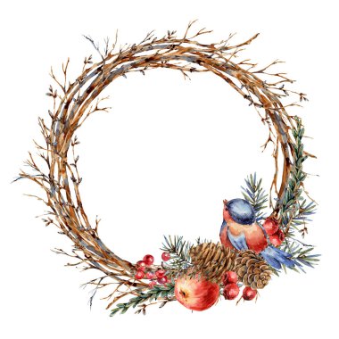 Suluboya Noel doğal çelengi köknar dalları, kırmızı elma, 