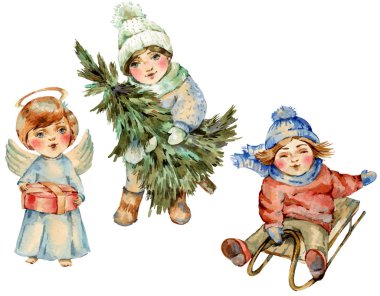 Watercolor vintage cartoon set of Christmas kids, Cute character clipart