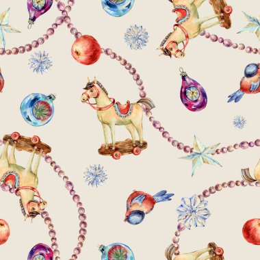 Suluboya klasik Noel oyuncakları kusursuz desen. Tahta at.