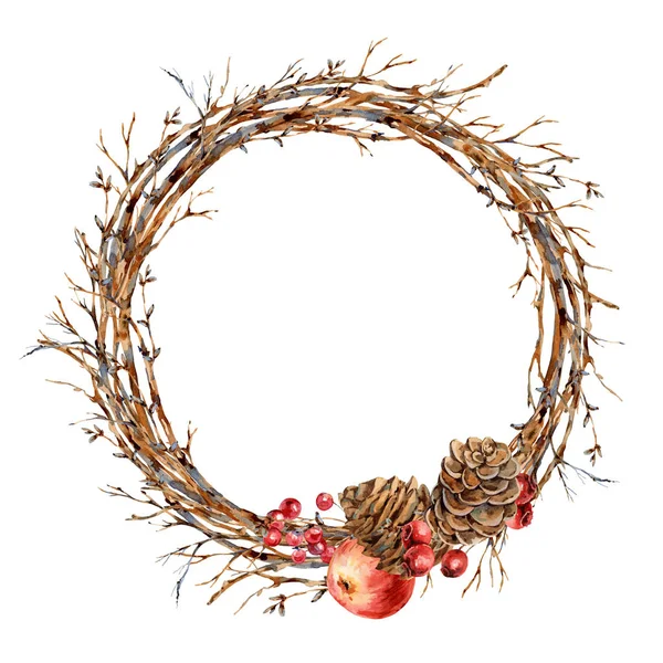Aquarell Weihnachten Naturkranz aus Zweigen, roter Apfel, — Stockfoto